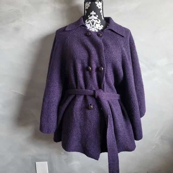 Purple Wool Silk Blend Belted Button down Collar Oversized Sleeve Cardigan S - Picture 1 of 14